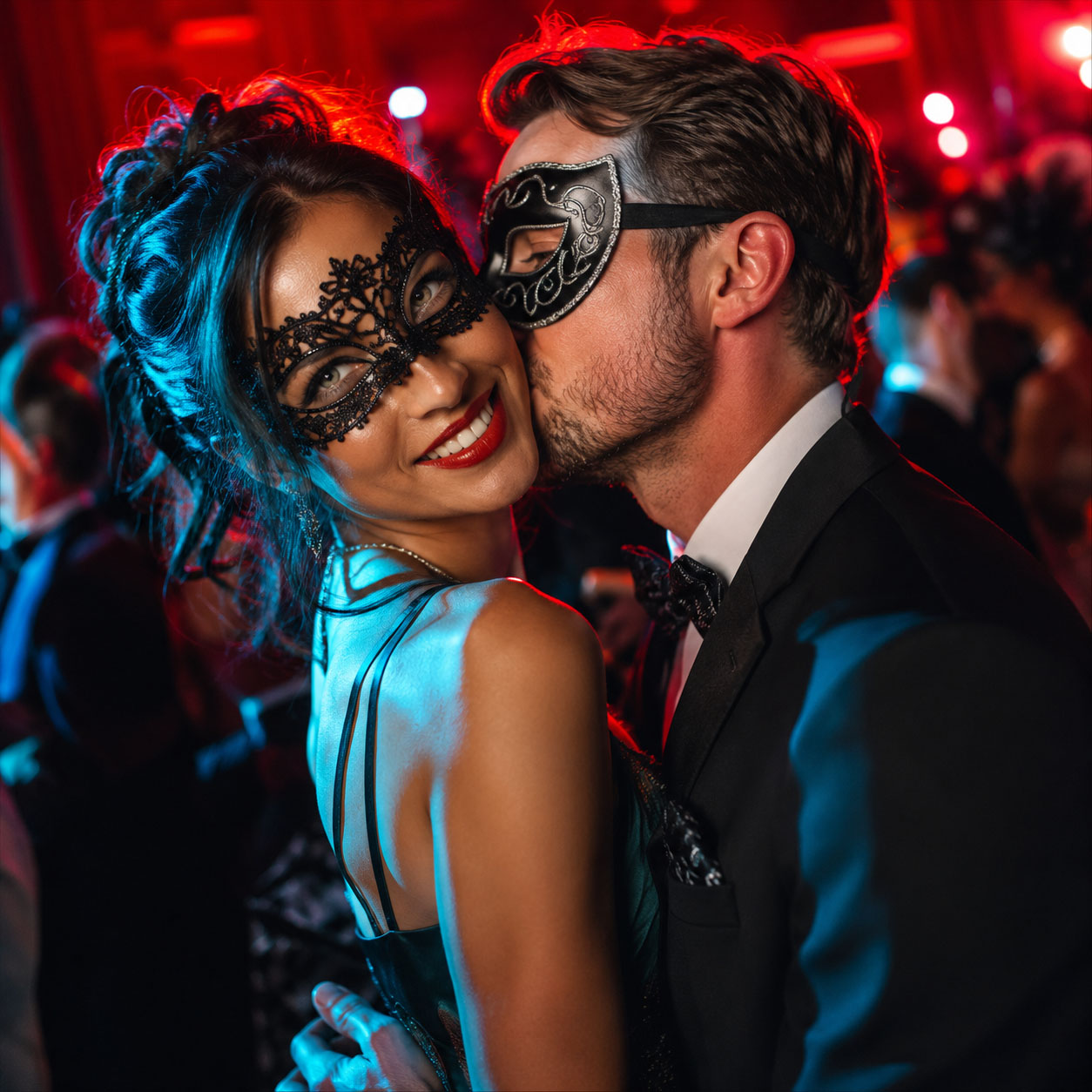 Elegante gemaskerde bezoeker