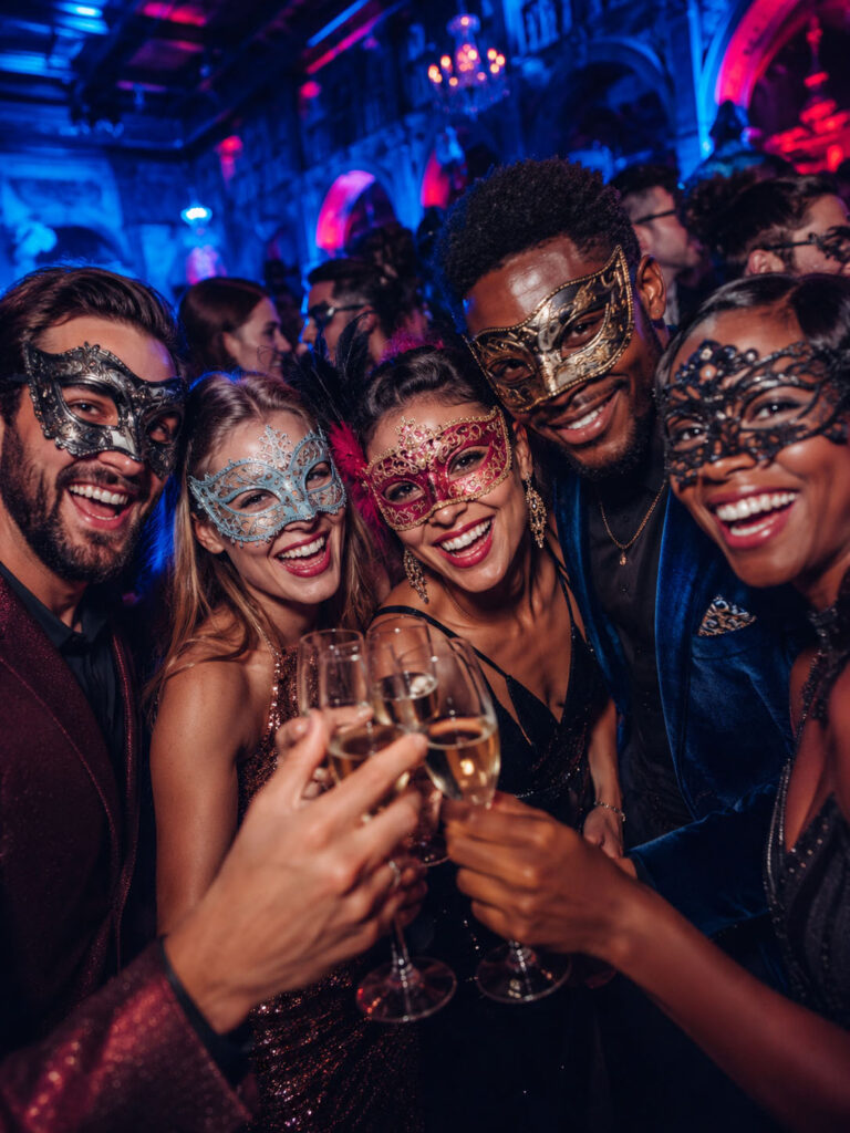 Stijlvol gemaskerde bezoekers tijdens Mystic & Beats