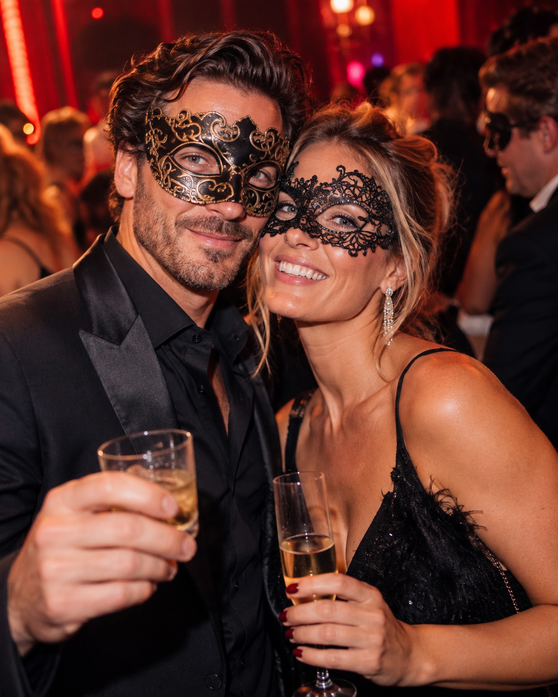 Elegante gemaskerde bezoeker